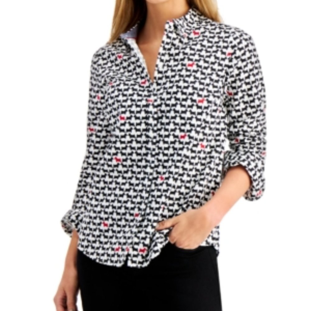 Charter Club White w/Black Terrier Dogs Long Sleeve Women’s Petite Small Blouse
